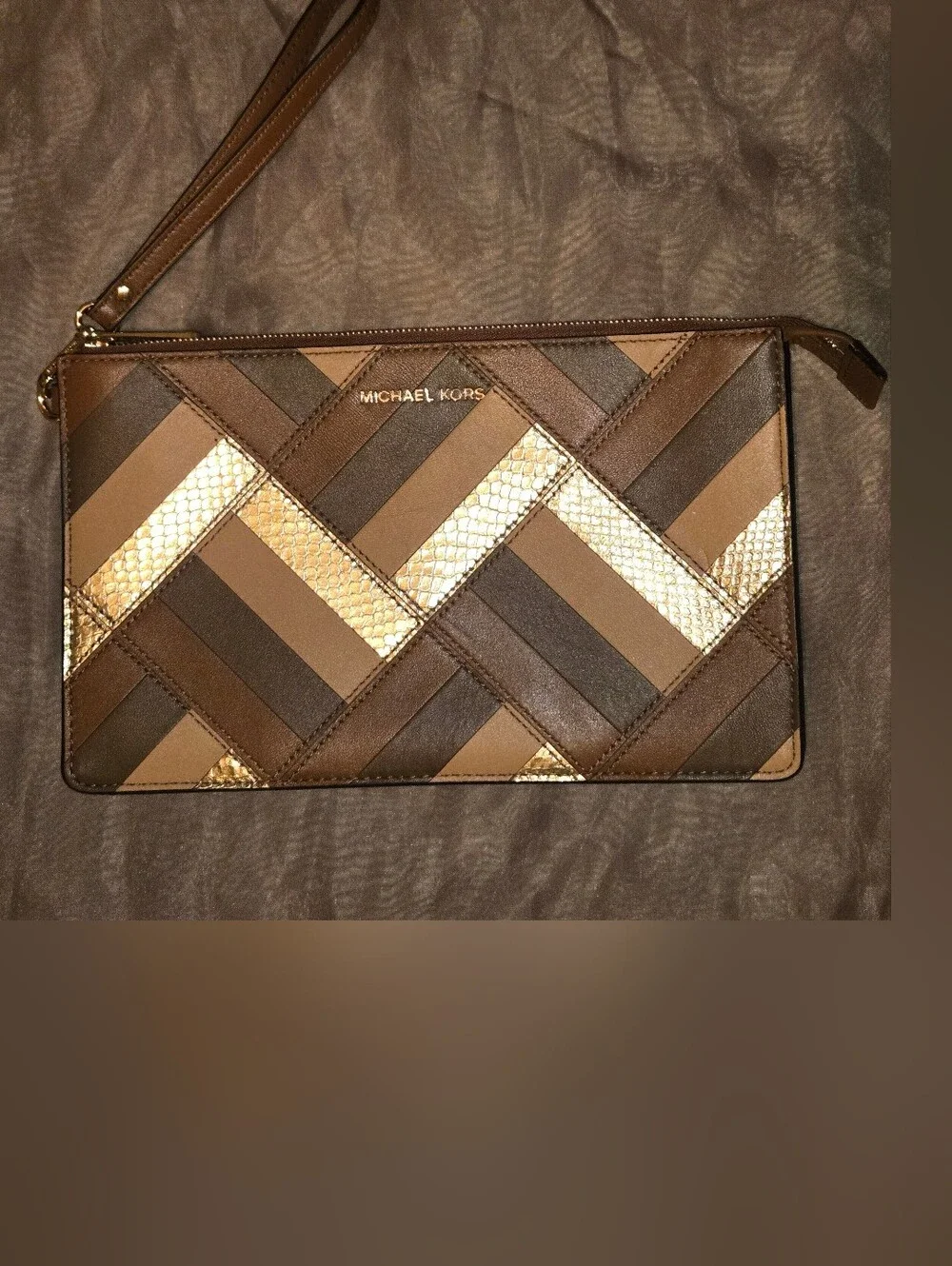 Michael Kors Brown & Gold Patchwork Wristlet Clutch